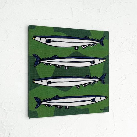 秋刀魚4本のファブリックパネル(15×15cm) 
