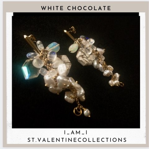 st.Valentine [  whitechocolate  ]プレシャスオパール レインボームーンストーン カルセドニー パール ハーキマーダイアモンド チタン14kgf ピアス