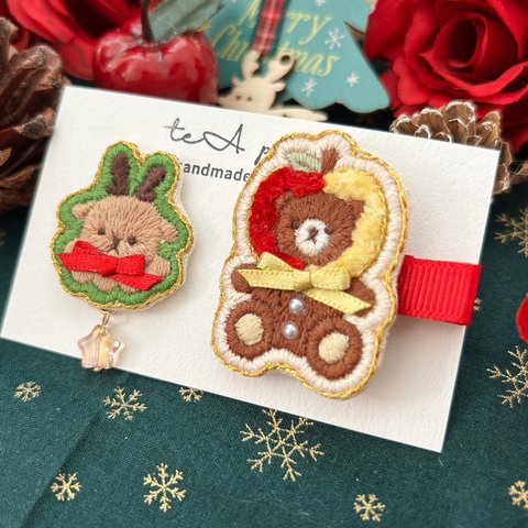 クリスマスセット　B 刺繍　ヘアクリップ　ピンバッチ