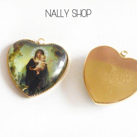 【2個】Virgin Mary & Jesus Big Heart Charm Gold Part.Ⅲ【M-234】