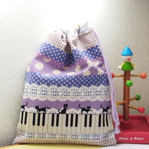 猫とピアノの巾着袋、コップ袋