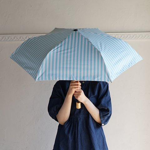 UVカット折りたたみ傘 stripe aqua 紫外線99.9%カット 晴雨兼用 163452 竹ハンドル 日傘 雨傘 ストライプ アクア