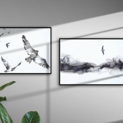 ２Lサイズ２枚セット【福袋】BIRD【特別価格】アートポスターで模様替え　人気　北欧　鳥　風景　モノクロ