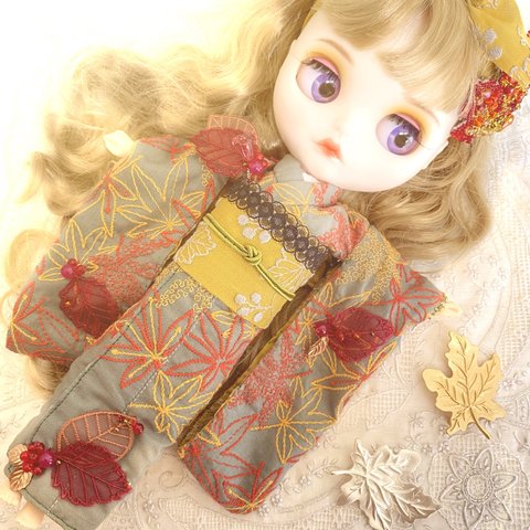 楓の精　オートクチュール刺繍ドール服　ブライスアウトフィット　着せ替えドレス　和服　着物