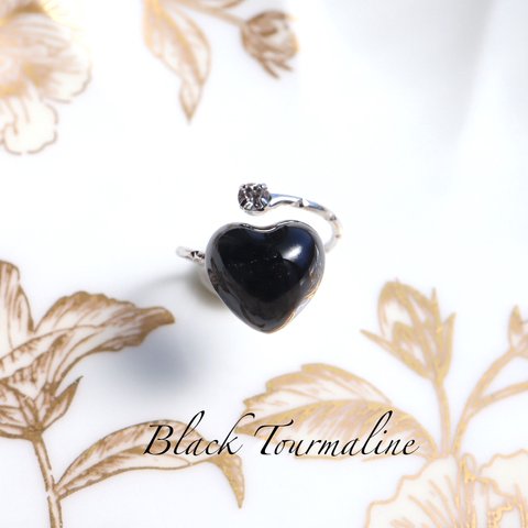 ブラック トルマリン ♦︎Black Heart ハートの フォーク リング シルバー 真鍮 指輪　原石　天然石　電気石