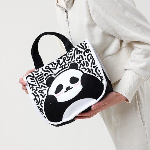 Panda パンダ トートバッグ ハンドバッグ パンダ柄 エコバッグ 黒と白の落書きランチバッグ 学生手袋 かわいい 中国のパンダ キャンバスバッグ