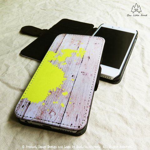 paint splash! イエロー ウッド　手帳型 iphone ケース [iPhone4/4s～iPhone8 , iPhone8 plus]★ ペイント ネオン