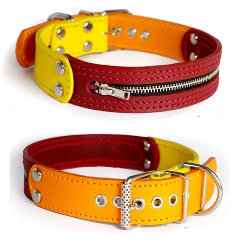 ３cm幅中型犬用ジッパー革首輪（黄＋赤＋オレンジ）3cmTypeFBZipper