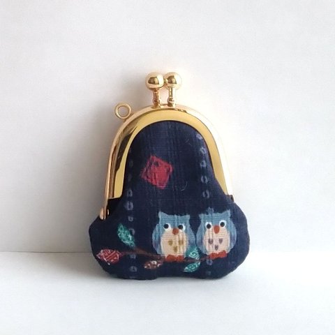 小さいがま口：豆姫：ちっちゃいがま口：littlie purse 414：かわいいがまぐち：小さな財布：フクロウ,梟,小枝