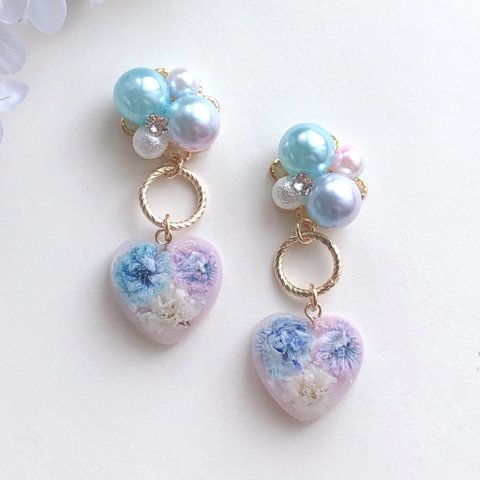 淡いピンクハート♡とパールが可愛いレジンピアス☆レジンアクセサリー