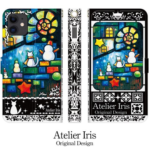 【北国の雪だるまと】猫 油絵 iPhone 手帳型 スマホケース 携帯ケース 送料無料 黒バージョン　