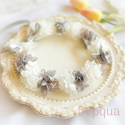 【送料無料】ベビーキッズ花冠　~Gray white~  花かんむり　ベビー　キッズ　はなかんむり　リングガール　ベビー花冠　子供用花冠　結婚式　誕生日　バースデー