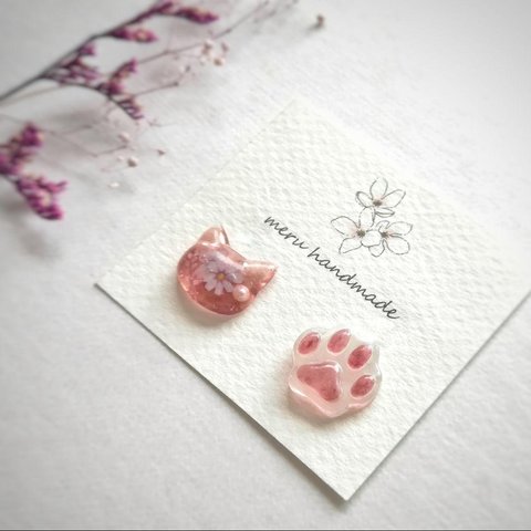 猫 肉球 ぷっくりピアス イヤリング 春色 桜色 お花
