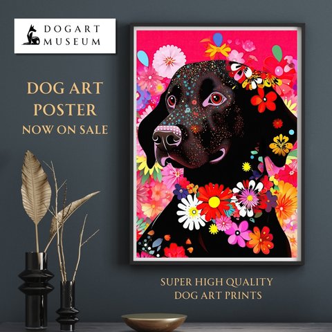 【花とラブラドールレトリバー犬の夢の世界 No.5】アートポスター 犬の絵 犬の絵画 犬のイラスト