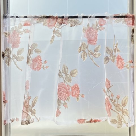 1460円→1000円 レビュー特典 幅 100cm × 丈 55cm カフェカーテン ピンク系 薔薇 のれん ラメ ゴールド 小窓