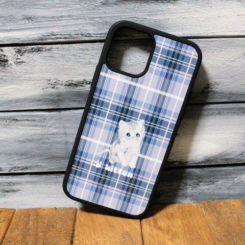 iPhoneケース 【子猫のひと時】ブルーチェック　猫　イラスト　ic12-003