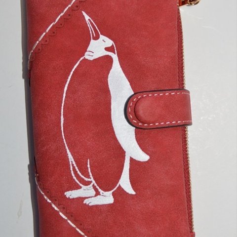 ペンギン財布、赤、手帳型財布、収納力抜群のお財布、オリジナルデザイン
