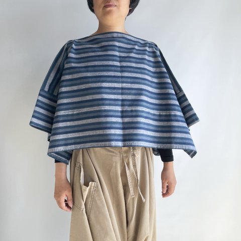【三河木綿】ショート丈の着物袖プルオーバー 総手縫い -鰹縞 KMPO293