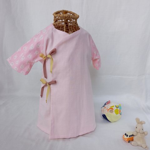 【再販】リバーシブル新生児用長肌着(50～70cm) うさぎさんピンク