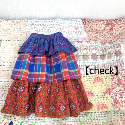 India print tiered skirt (check)