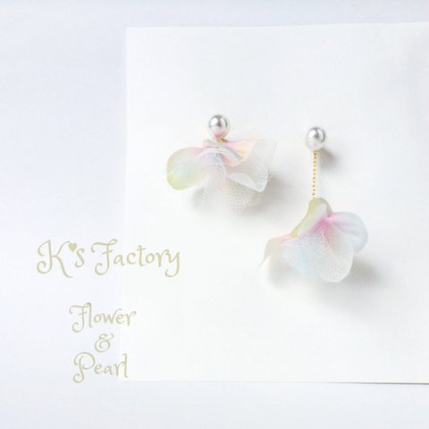 3Way♪ゆらゆら揺れる＊Flower＊キャッチとパールのピアス        .｡.:*お花 ＊カラフルあじさい/ホワイトシフォン/パステルチュール