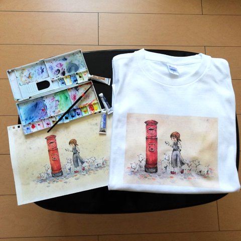 【送料無料】5匹の子ヤギのアンティーク風Tシャツ オリジナル水彩イラスト