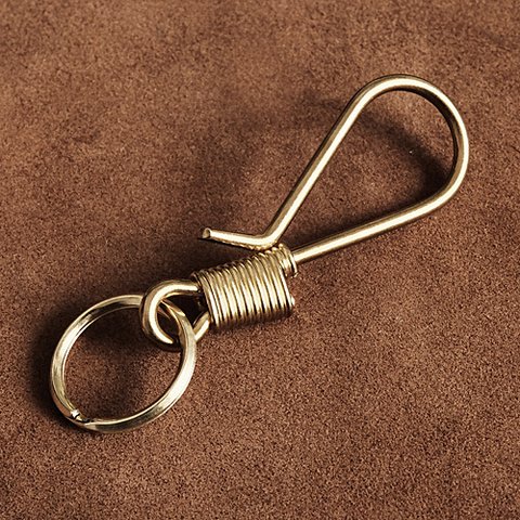 真鍮 コイル巻き ツリバリフック キーホルダー (Mサイズ）つりばり かぎ針 キーリング ダブルリング ブラス ゴールド 金色 キーチェーン