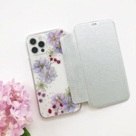 千鳥草 スマホリング 押し花 選べる5色 手帳型スマホケース iPhoneケース Phone14Pro/13Pro/12Pro/SE/11Pro/XR/XS/8/7