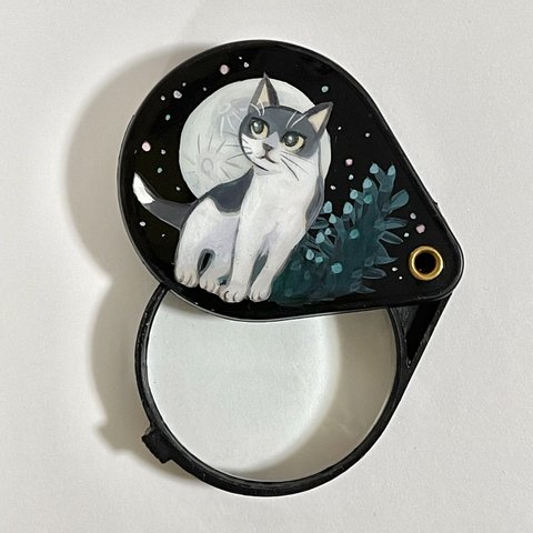 拡大鏡(74) 月夜のハチワレ猫 コンパクト 携帯 ルーペ  原画