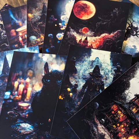 暗黒系 魔女 ジャンクジャーナル 素材 10枚 コラージュ ダークファンタジー 黒猫 魔法