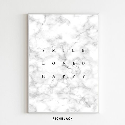 SMILE LOVE HAPPY ポスター A4 大理石 大理石風 マーブル モノトーン モノクロ 白黒 タイポグラフィ スマイル マーク 英語 名言 玄関 インテリア