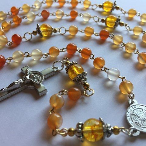 ロザリオ【１点限り】(31)カーネリアン（７月の誕生石）＆アンバー Rosary,Carnelian,Amber,Catholic,Prayer Beads Holy Healing Relaxing