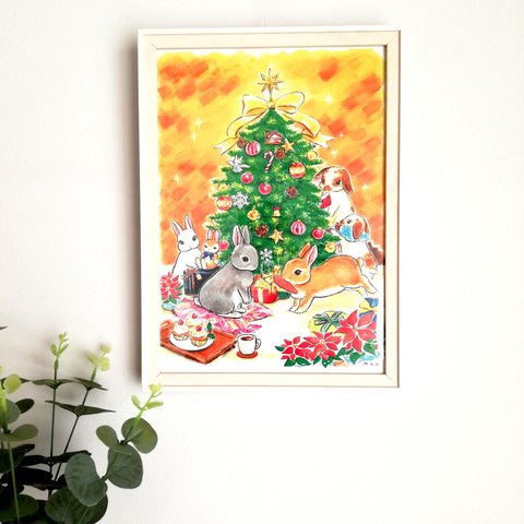 インテリアポスター　額縁付　A4【Christmas Party】白　クリスマス　Art_Mao