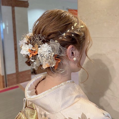 オレンジゴールドクリアフラワーmix髪飾り(金箔set)