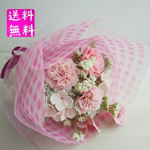 粘土の枯れない花束　カーネーション入り　ピンク　樹脂粘土の花   送料無料