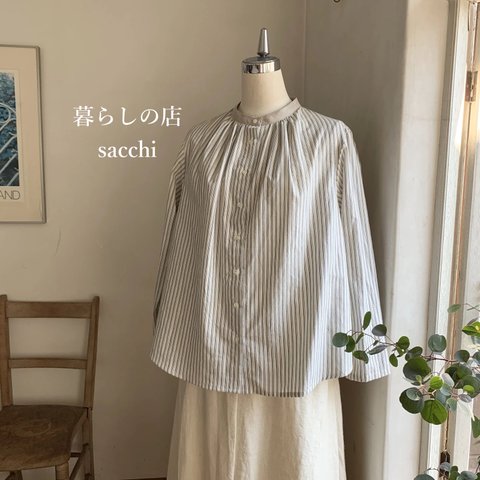 麦のシャツ　コットンリネンストライプ 生成×ブルー　＊暮らしの店sacchi＊