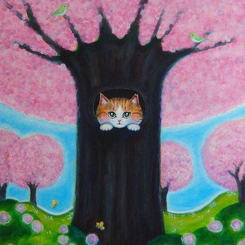 ★よぴさま専用★原画 「her favorite place」 F10号  ＃オーダーメイド絵画 ＃ねこ ＃猫の絵 ＃茶トラ猫 ＃茶白猫＃桜の絵 ＃桜の木 