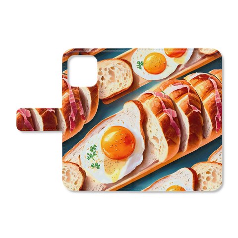 目玉焼きがトッピングされたかわいいパンの手帳型スマホケース　iPhone Android各機種対応  ハイクオリティタイプ