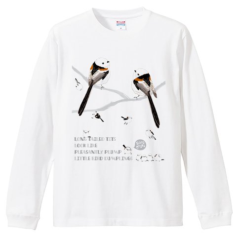 シマエナガ 北海道のまるい鳥 かわいい雪の妖精 イラスト Tシャツ 0597 長袖 白限定