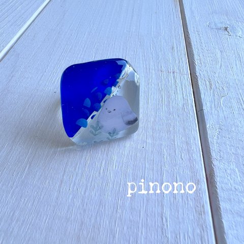 シマエナガさん☆ガラスタイルの指輪（青色）