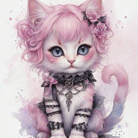 おしゃれな 可愛い ピンクの子猫の水彩画 イラストアート（デジタルコンテンツ ダウンロード販売）