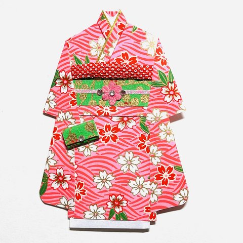 着物のポチ袋1969 ピンク地　桜　波