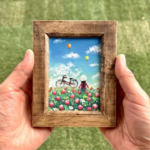 ミニ額入り原画「花と自転車と気球」