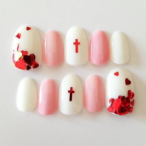 Heart＆Cross Nail Red×Pink