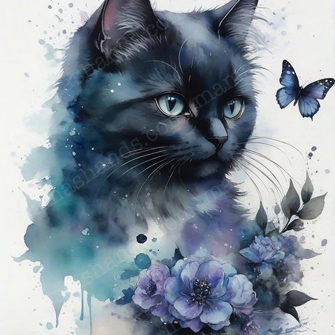 黒猫とお花の水彩画 イラストアート（デジタルコンテンツ ダウンロード販売）