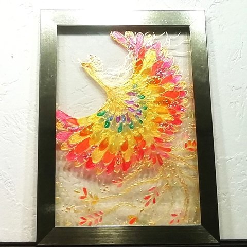 ご予約　風水開運絵画＊幻の虹色鳳凰　ラメ最強パワー光エナジー　金運財運　恋愛運　子宝　縁