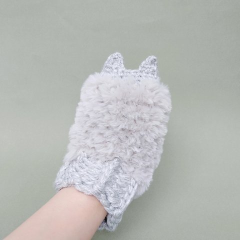 グレー猫ハンドウォーマー　手袋　スマホ対応手袋　