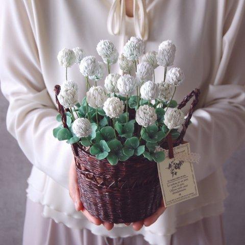 ◆粘土のお花◆ シロツメクサ　籠バッグ　ブラウン …　S767