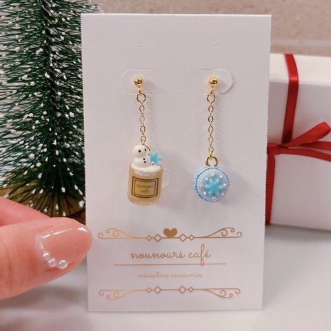 雪だるまラテ&スノーマカロンのミニチュアピアス