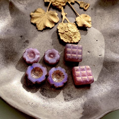 【3pair6コset】#czech beads#チェコビーズJIRI＊IVANA BLEU LAVANDE flower 10㍉13㍉　luster block square12㍉　mix